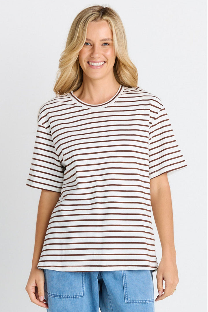 Betty Basics - Relax Boxy Tee Chocolate / White Stripe