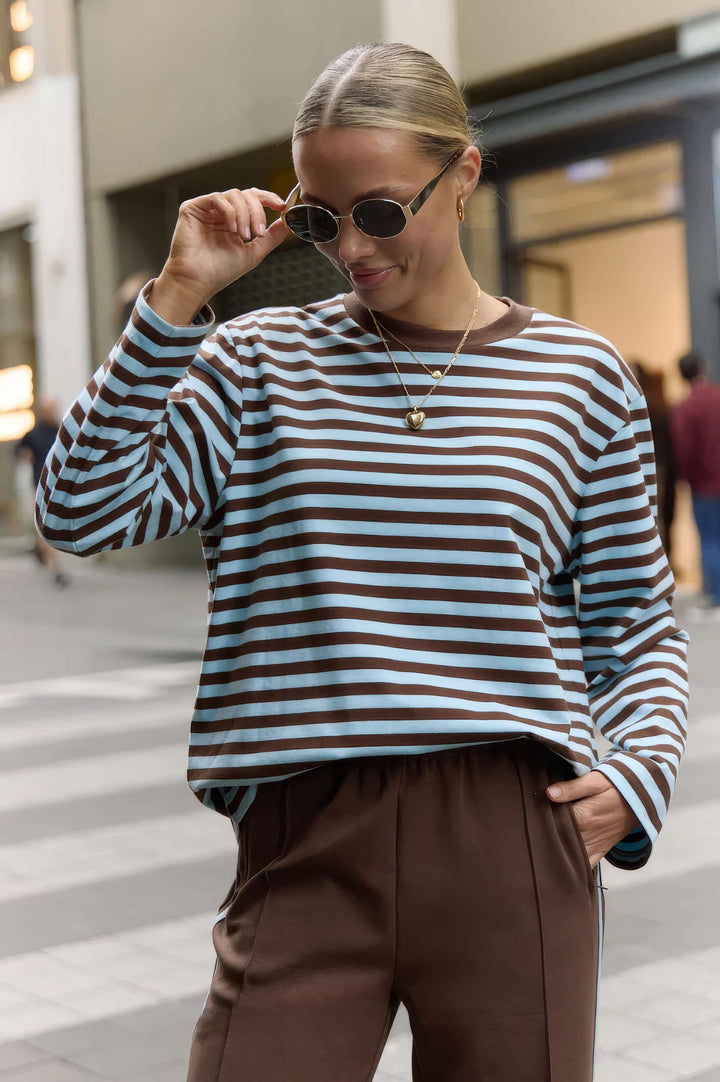 Feather &amp; Noise - Carter Long Sleeve Tee Chocolate / Blue Stripe