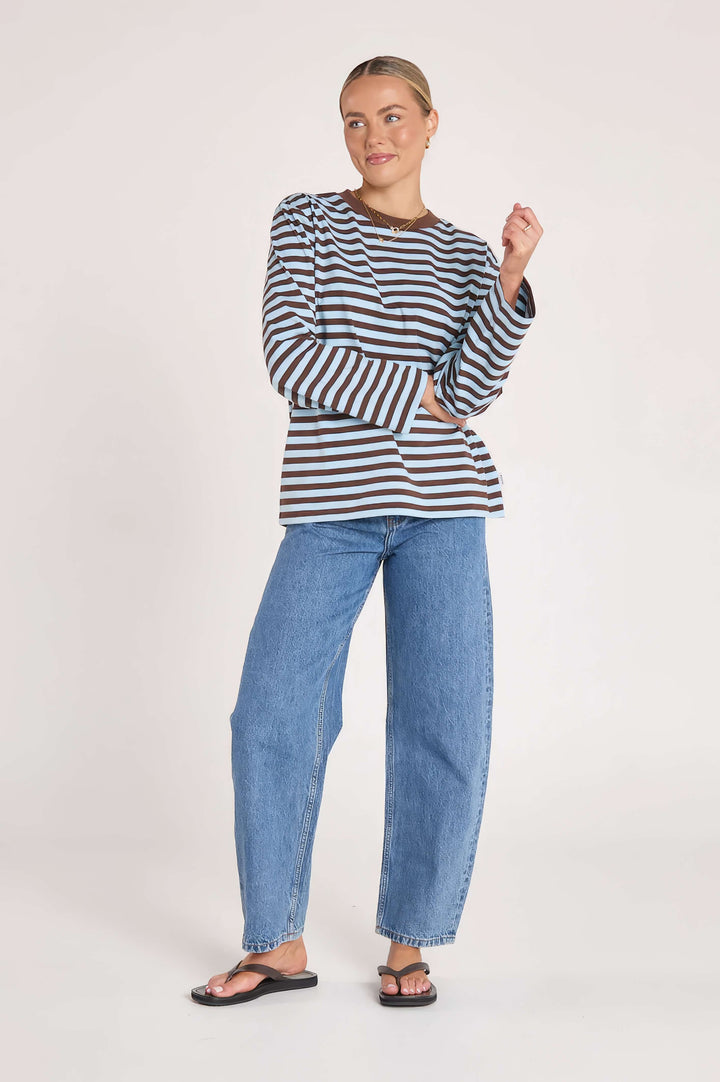 Feather &amp; Noise - Carter Long Sleeve Tee Chocolate / Blue Stripe