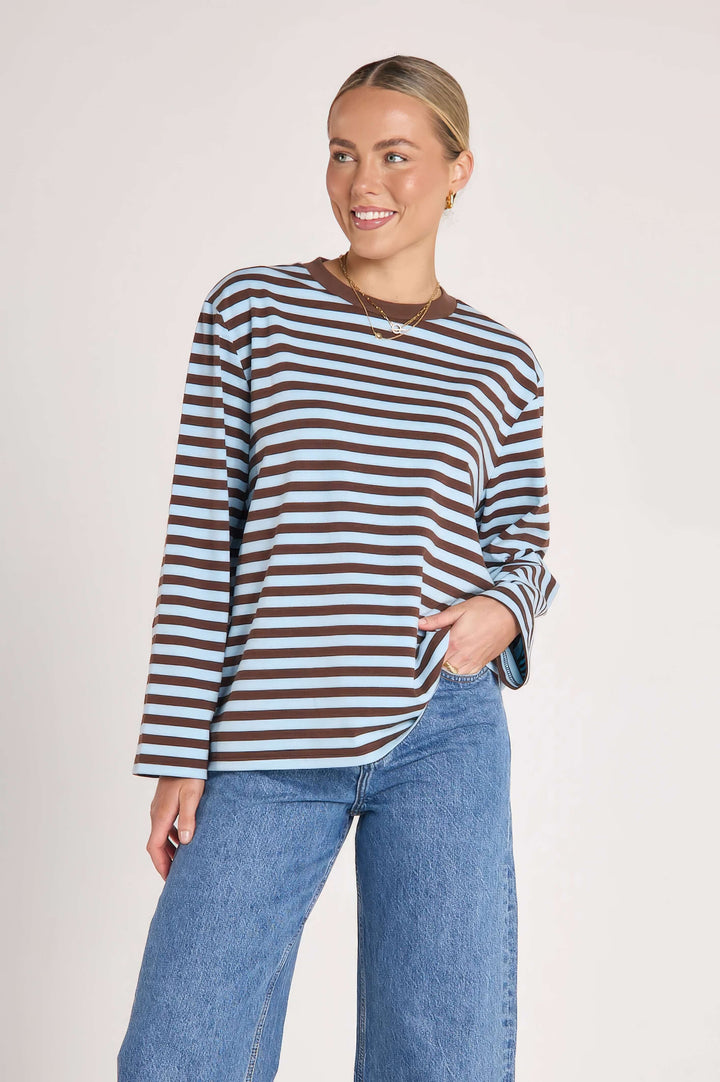 Feather &amp; Noise - Carter Long Sleeve Tee Chocolate / Blue Stripe