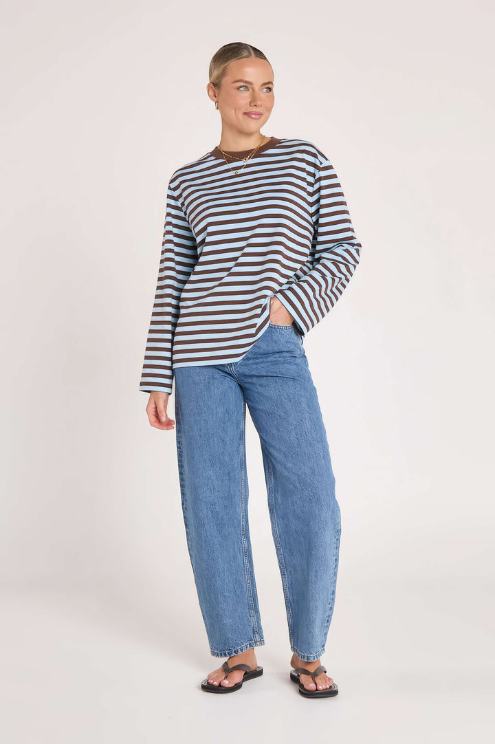 Feather &amp; Noise - Carter Long Sleeve Tee Chocolate / Blue Stripe