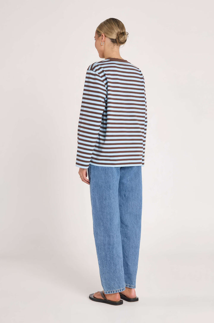 Feather &amp; Noise - Carter Long Sleeve Tee Chocolate / Blue Stripe