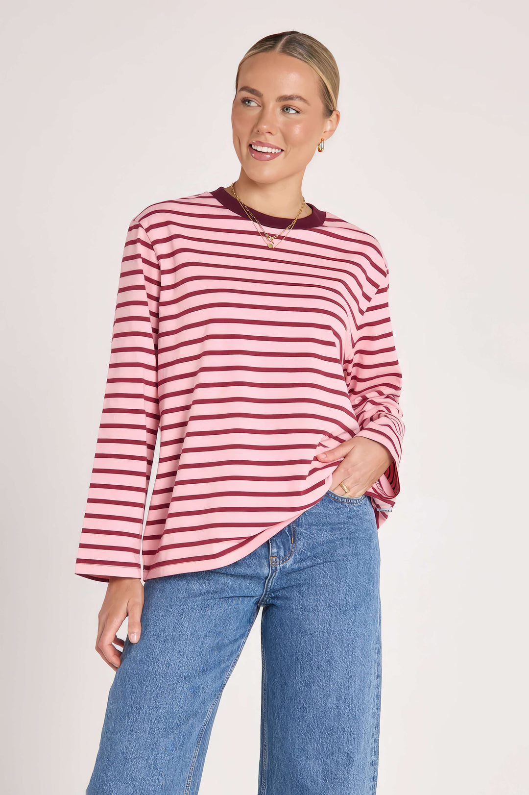 Feather &amp; Noise - Carter Long Sleeve Tee Burgundy / Pink Stripe