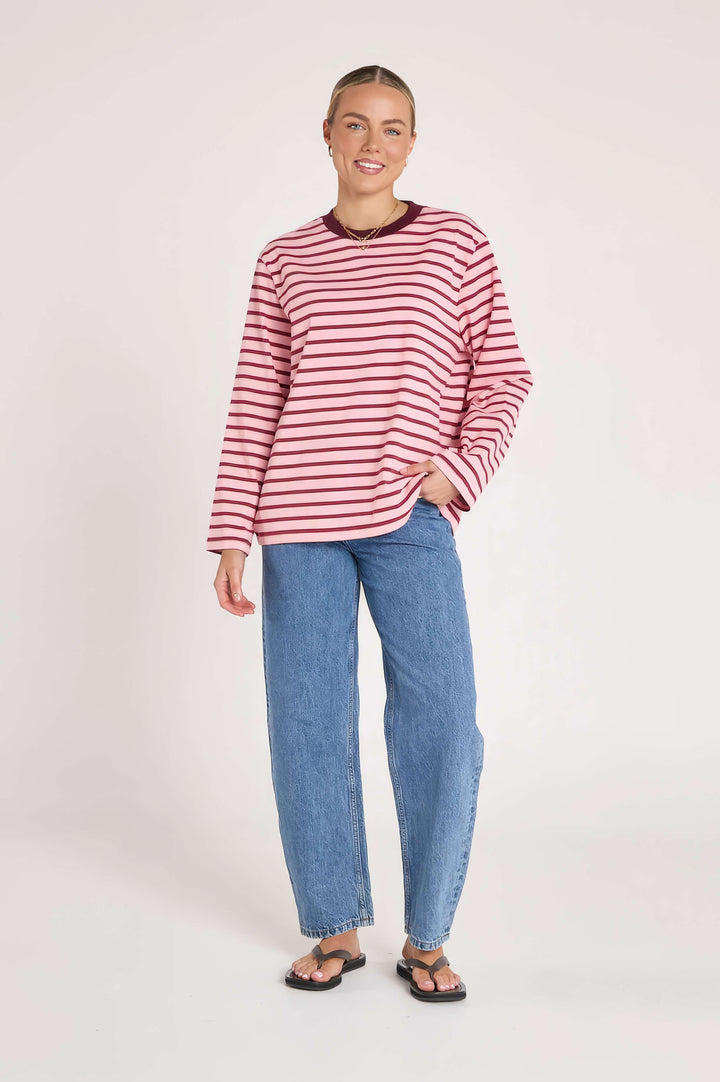 Feather &amp; Noise - Carter Long Sleeve Tee Burgundy / Pink Stripe