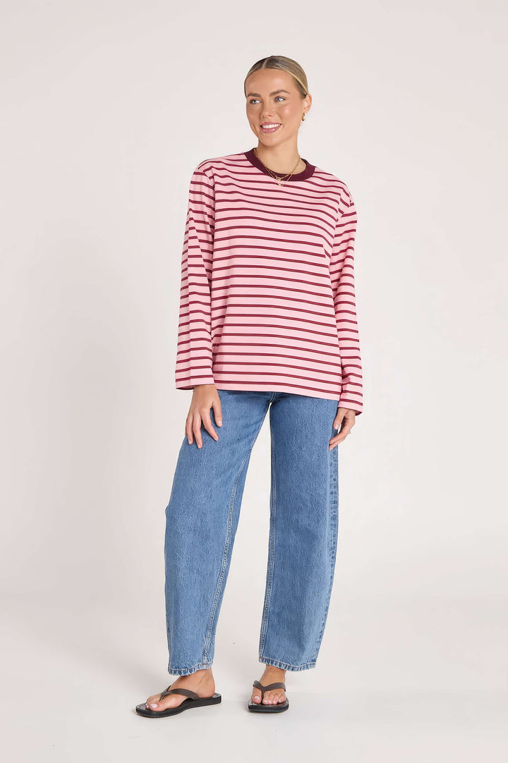 Feather &amp; Noise - Carter Long Sleeve Tee Burgundy / Pink Stripe