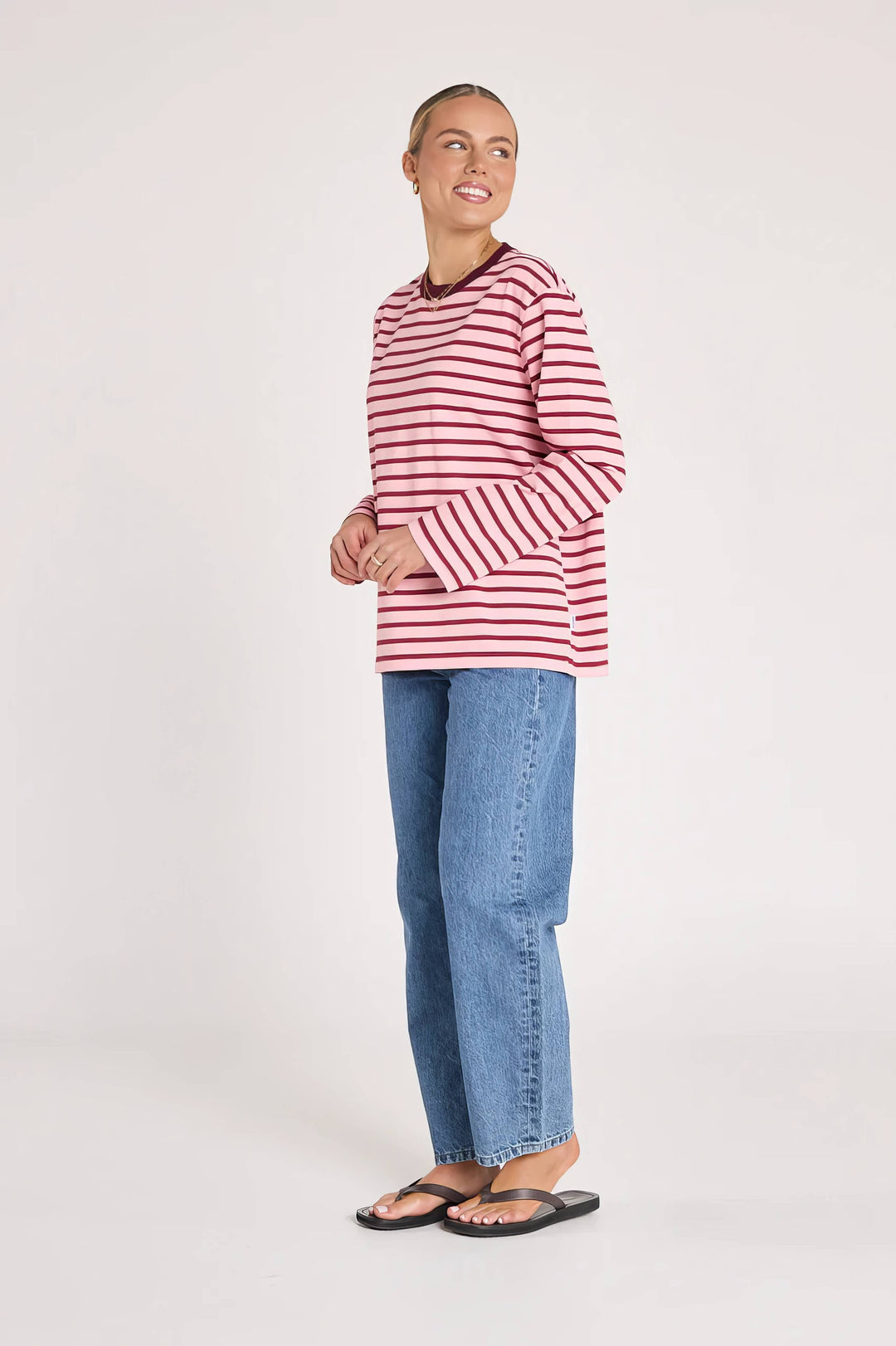 Feather &amp; Noise - Carter Long Sleeve Tee Burgundy / Pink Stripe