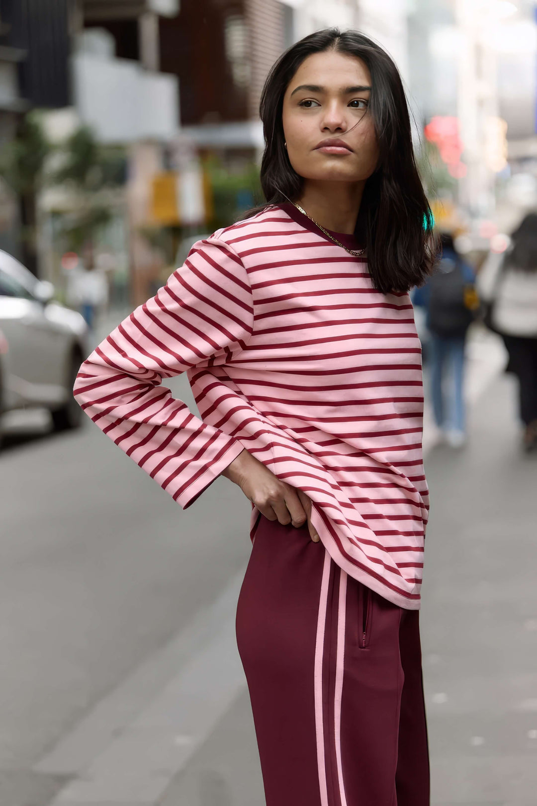 Feather &amp; Noise - Carter Long Sleeve Tee Burgundy / Pink Stripe