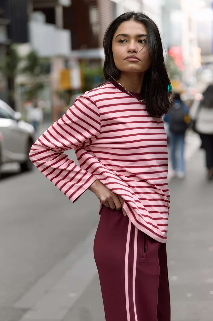 Feather &amp; Noise - Carter Long Sleeve Tee Burgundy / Pink Stripe