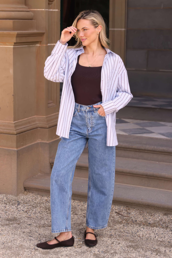 Feather &amp; Noise - Emily Shirt Blue / Chocolate Stripe