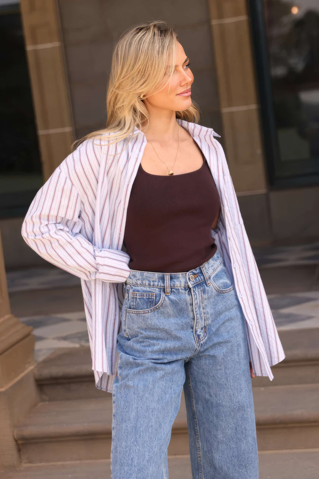 Feather &amp; Noise - Emily Shirt Blue / Chocolate Stripe