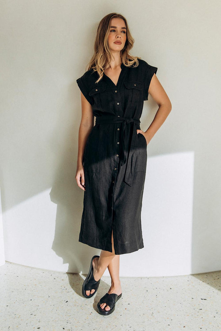 Foxwood - Harlow Linen Midi Dress Black