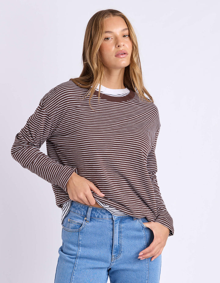 Foxwood - Hutch Long Sleeve Tee Coffee / White Stripe