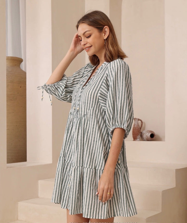 Mia Babydoll Dress Green / White Stripe