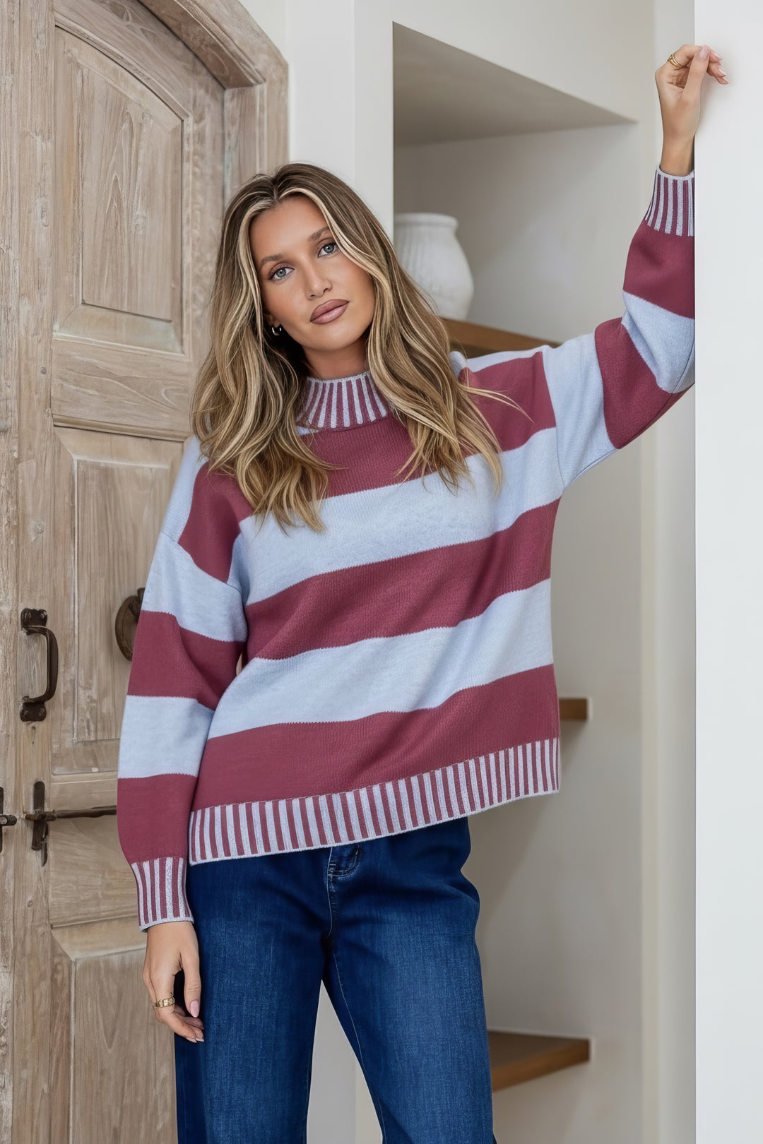 Tilly High Neck Knit Wine / Blue Stripe