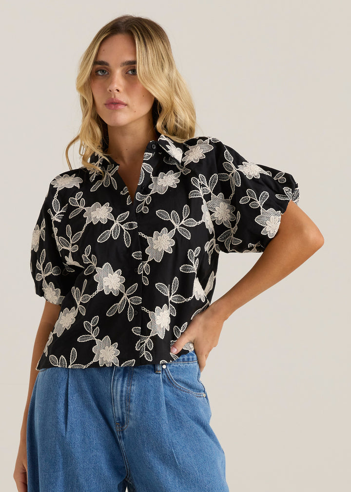 Sass - Marlowe Bubble Sleeve Blouse Black / Cream Floral
